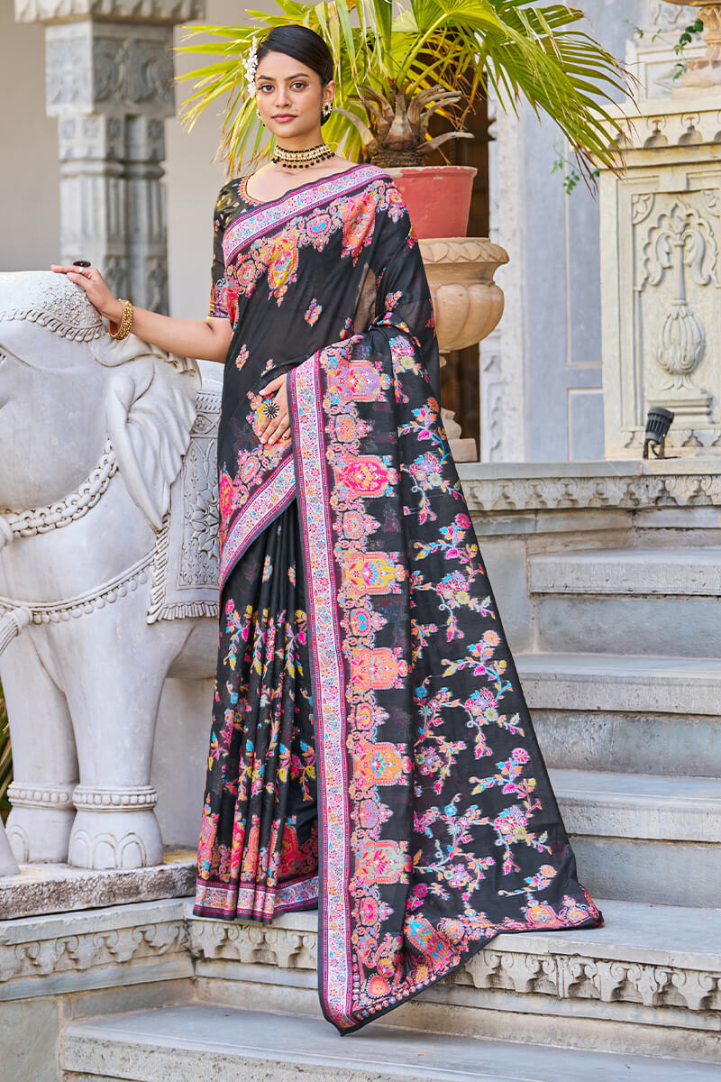 Breathtaking Black Pashmina saree With Precious Blouse Piece Bvipul