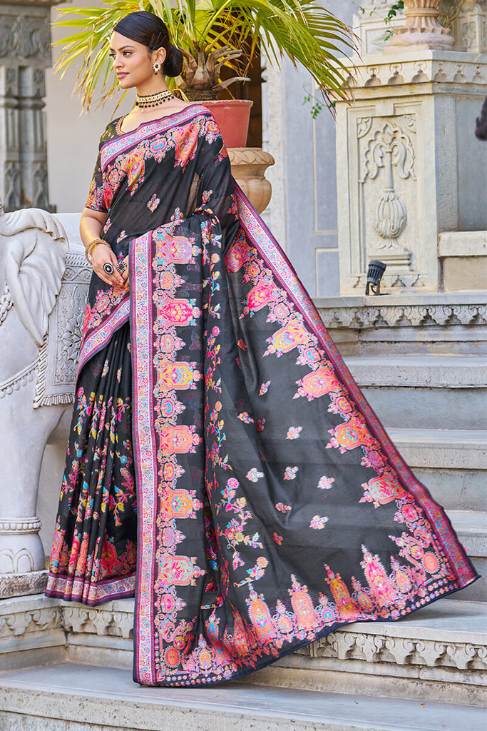 Breathtaking Black Pashmina saree With Precious Blouse Piece Bvipul