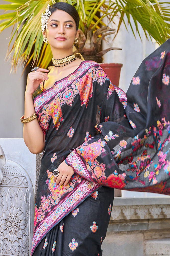 Breathtaking Black Pashmina saree With Precious Blouse Piece Bvipul