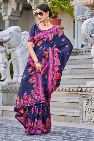 Adorable Navy Blue Pashmina saree With Extraordinary Blouse Piece Bvipul