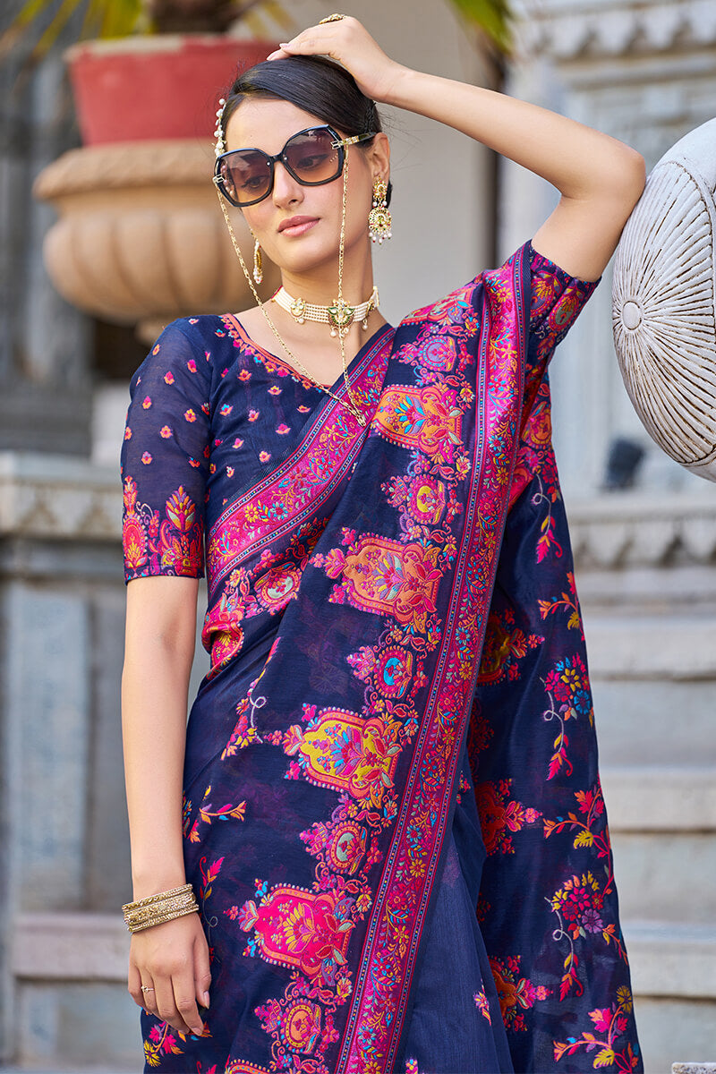 Adorable Navy Blue Pashmina saree With Extraordinary Blouse Piece Bvipul
