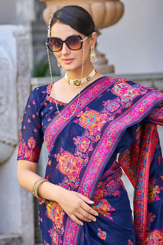 Adorable Navy Blue Pashmina saree With Extraordinary Blouse Piece Bvipul
