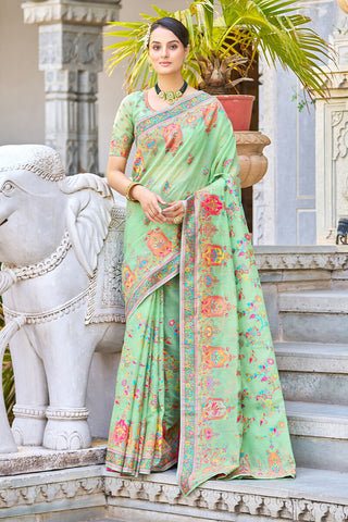 Arresting Pista Pashmina saree With Gleaming Blouse Piece Bvipul