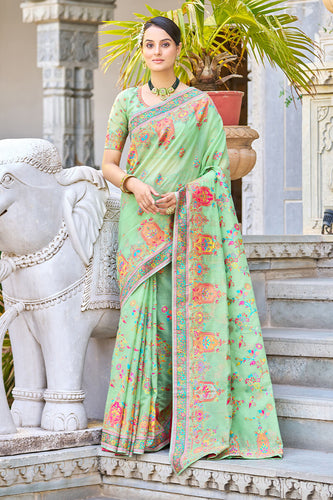 Pista Green Taffeta Silk Mirror Work Salwar Suit With Organza Silk Dupatta