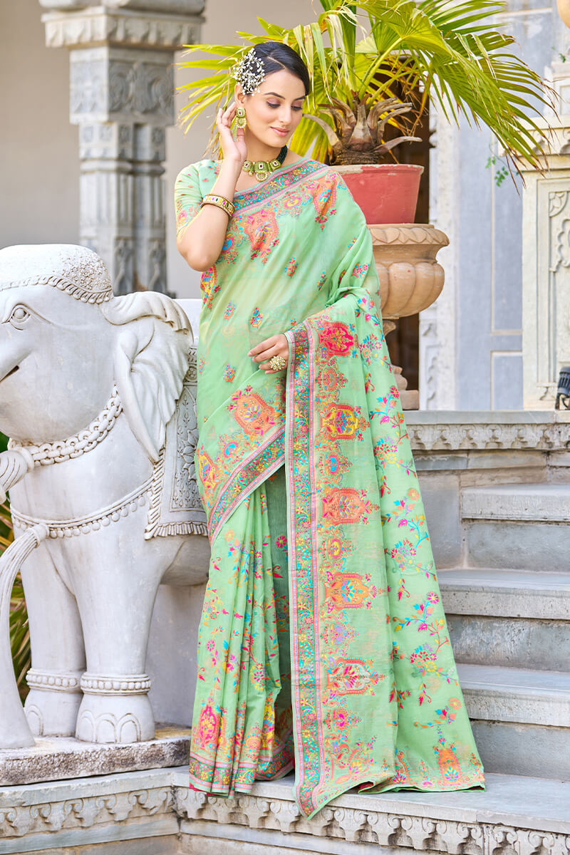 Arresting Pista Pashmina saree With Gleaming Blouse Piece Bvipul
