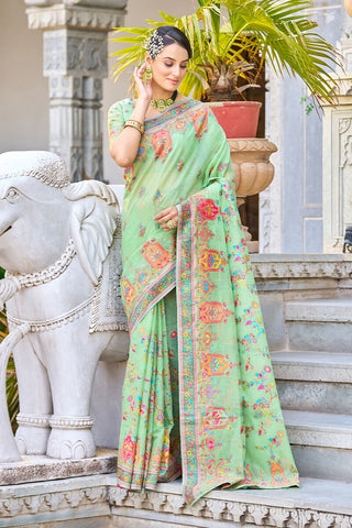 Arresting Pista Pashmina saree With Gleaming Blouse Piece Bvipul