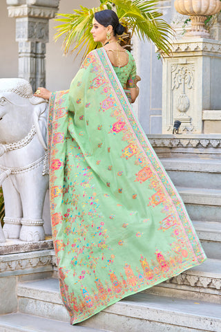 Arresting Pista Pashmina saree With Gleaming Blouse Piece Bvipul