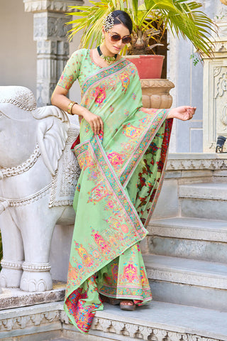 Arresting Pista Pashmina saree With Gleaming Blouse Piece Bvipul