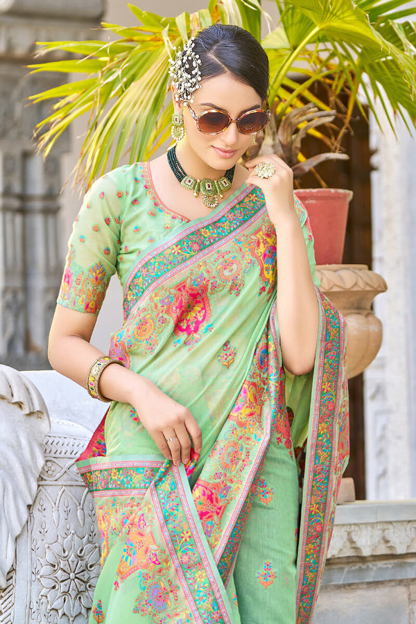 Arresting Pista Pashmina saree With Gleaming Blouse Piece Bvipul