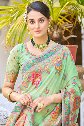 Arresting Pista Pashmina saree With Gleaming Blouse Piece Bvipul