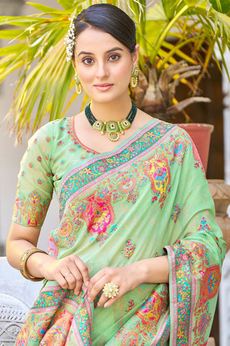Arresting Pista Pashmina saree With Gleaming Blouse Piece Bvipul