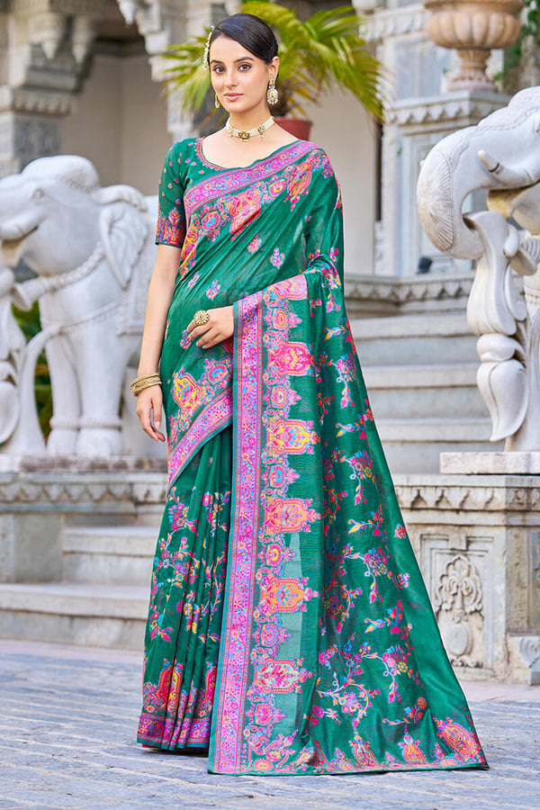 Captivating Rama Pashmina saree With Mesmerising Blouse Piece Bvipul