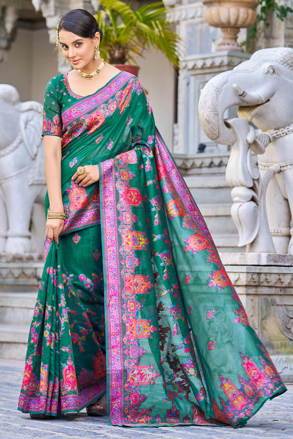 Captivating Rama Pashmina saree With Mesmerising Blouse Piece Bvipul
