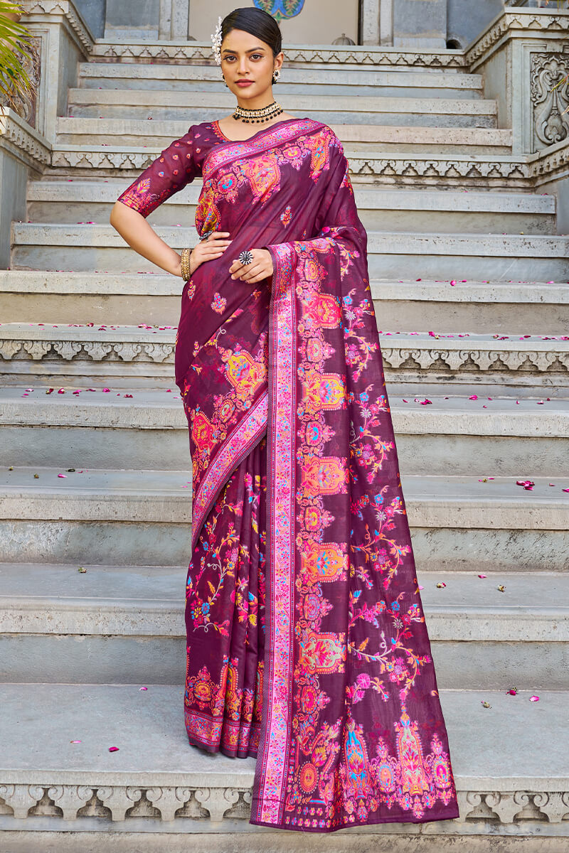 Amazing Wine Pashmina saree With Capricious Blouse Piece Bvipul Main image