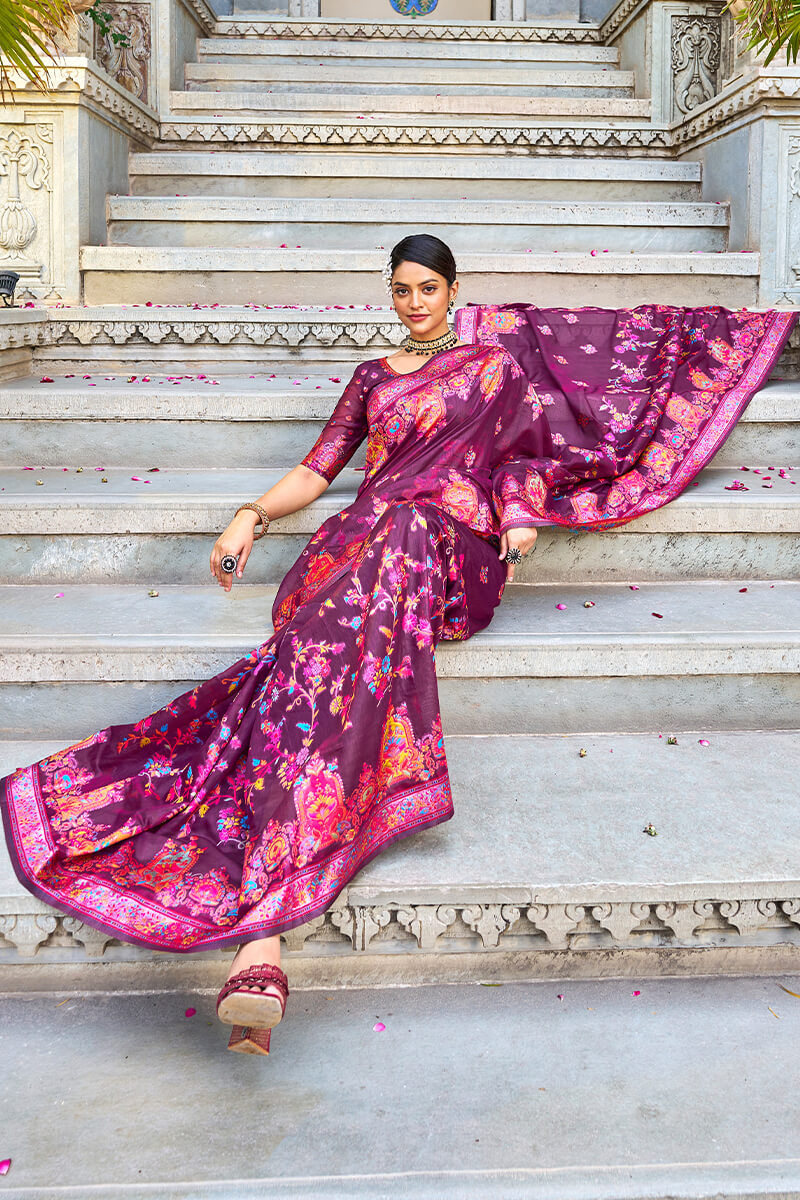 Amazing Wine Pashmina saree With Capricious Blouse Piece Bvipul
