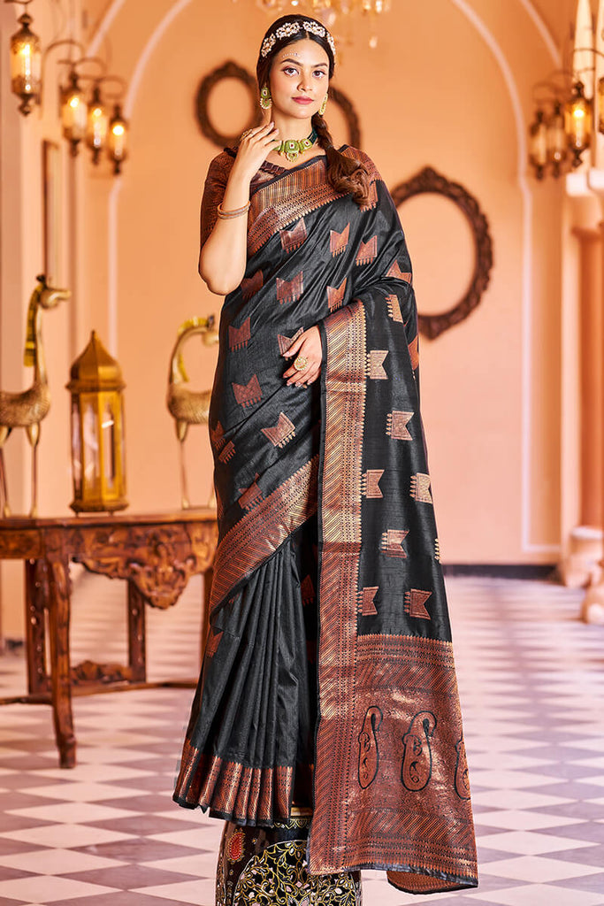 Admirable Black Soft Banarasi Silk Saree With Adorable Blouse Piece Bvipul