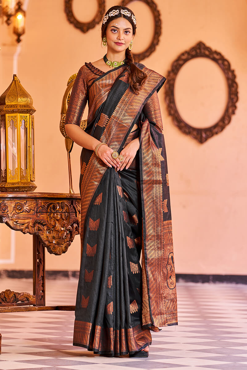 Admirable Black Soft Banarasi Silk Saree With Adorable Blouse Piece Bvipul Main image