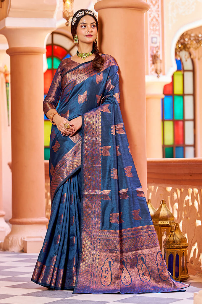 Classic Navy Blue Soft Banarasi Silk Saree With Designer Blouse Piece Bvipul
