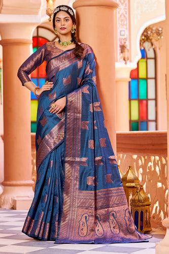 Classic Navy Blue Soft Banarasi Silk Saree With Designer Blouse Piece Bvipul
