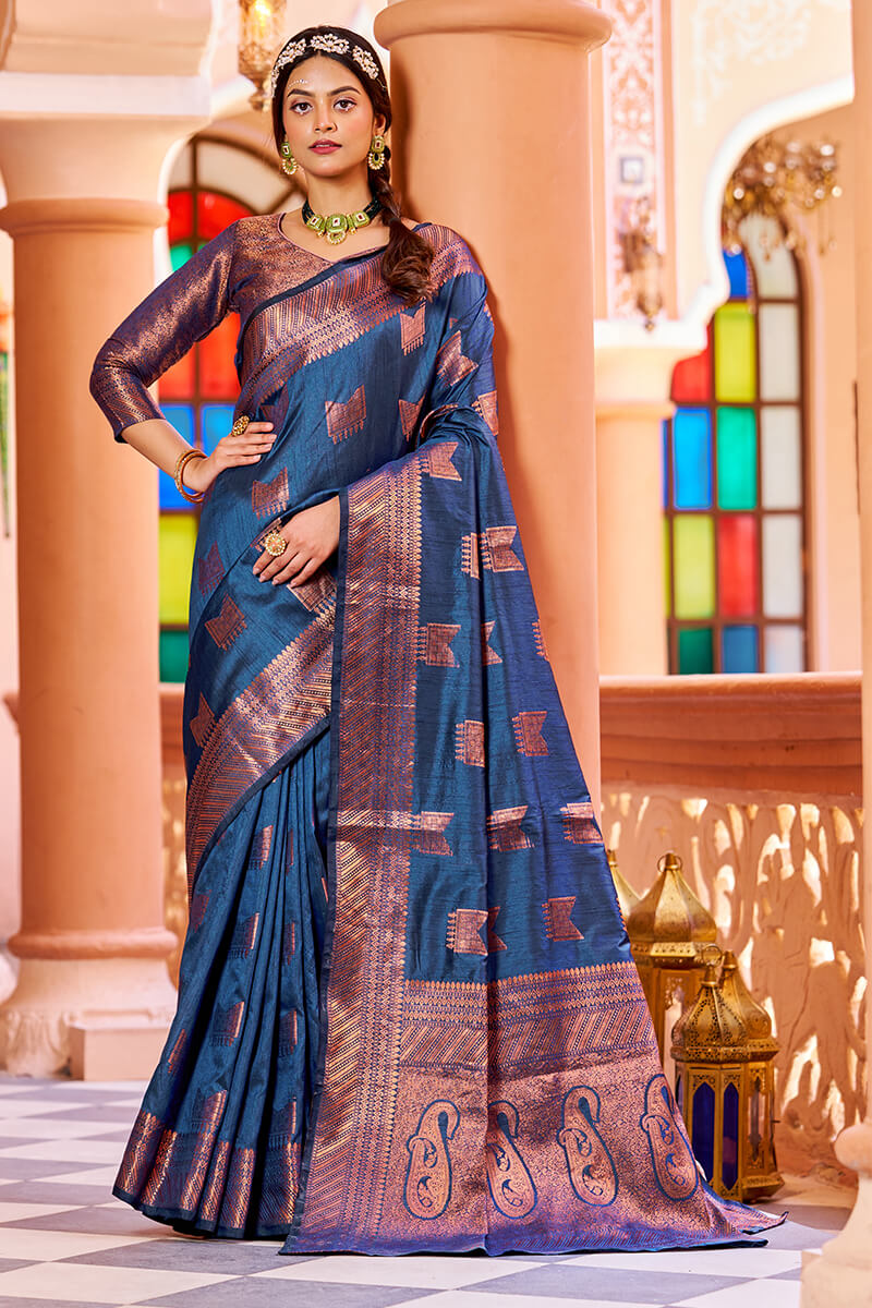 Sanskar Traditional Paithani Silk Sarees With Contrast Blouse Piece (Navy &  pink)