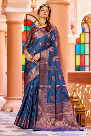 Classic Navy Blue Soft Banarasi Silk Saree With Designer Blouse Piece Bvipul