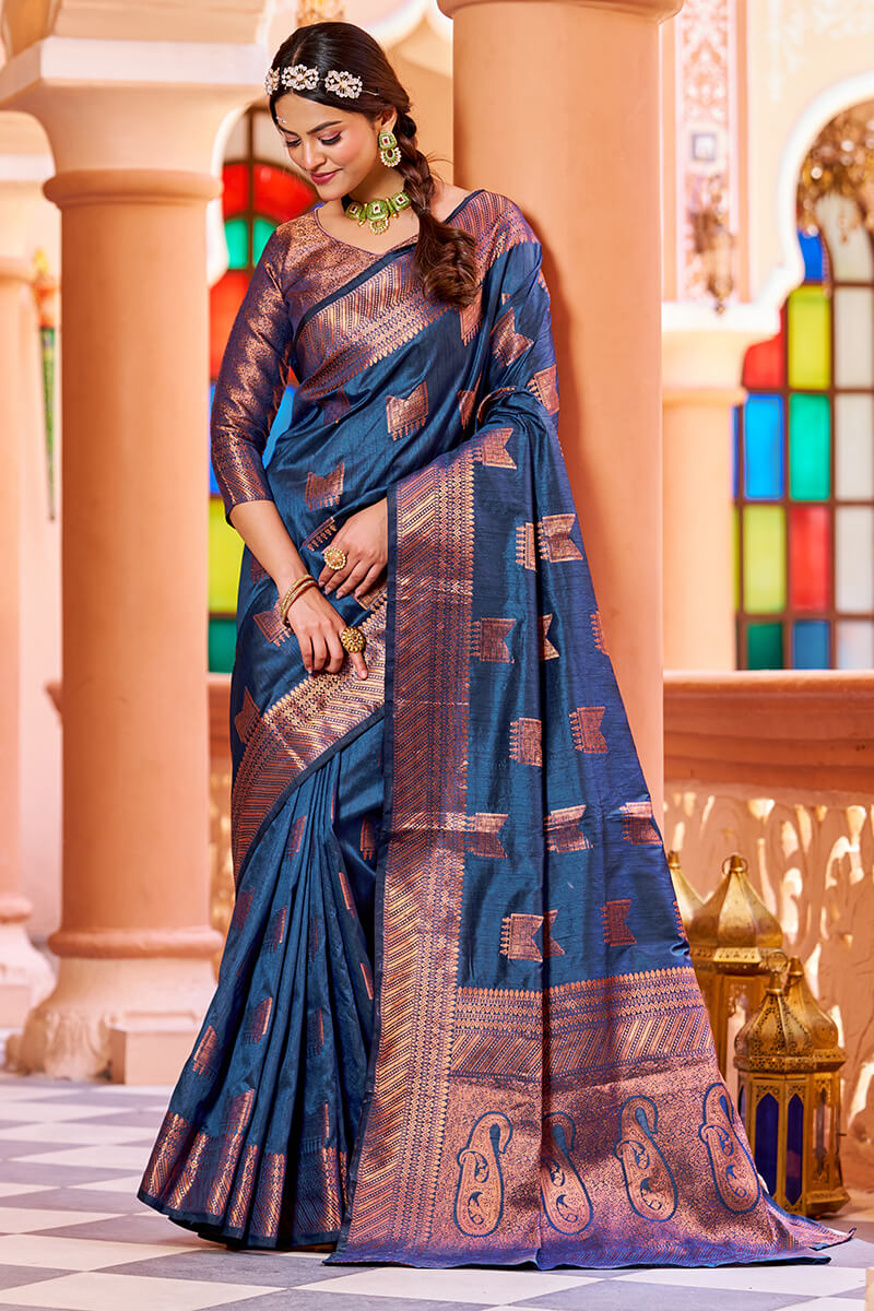 Classic Navy Blue Soft Banarasi Silk Saree With Designer Blouse Piece Bvipul
