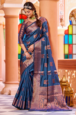 Classic Navy Blue Soft Banarasi Silk Saree With Designer Blouse Piece Bvipul