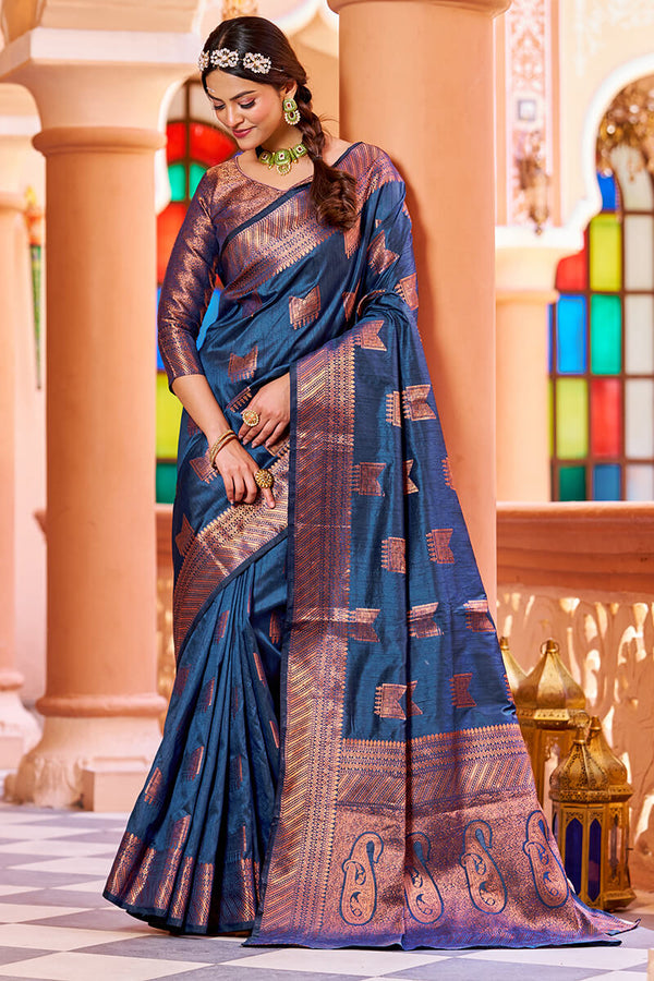 Classic Navy Blue Soft Banarasi Silk Saree With Designer Blouse Piece Bvipul