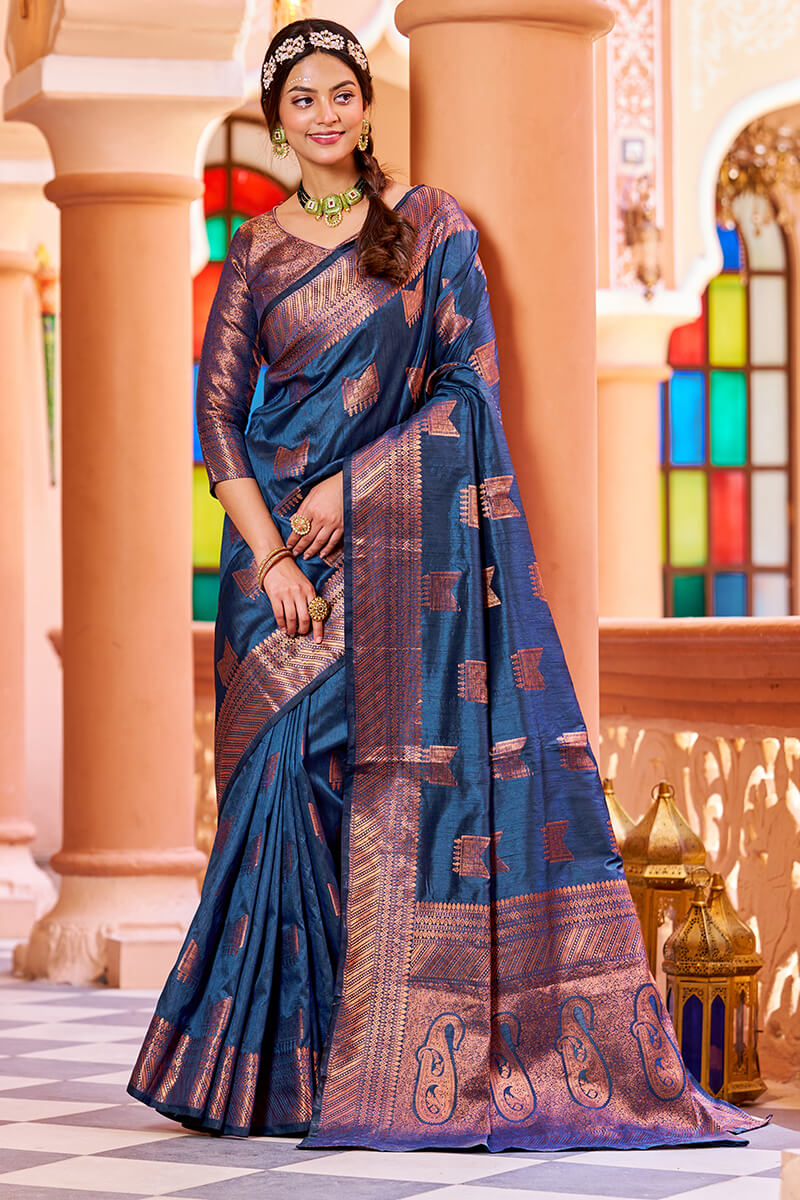 Classic Navy Blue Soft Banarasi Silk Saree With Designer Blouse Piece Bvipul