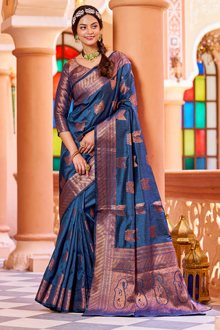 Classic Navy Blue Soft Banarasi Silk Saree With Designer Blouse Piece Bvipul