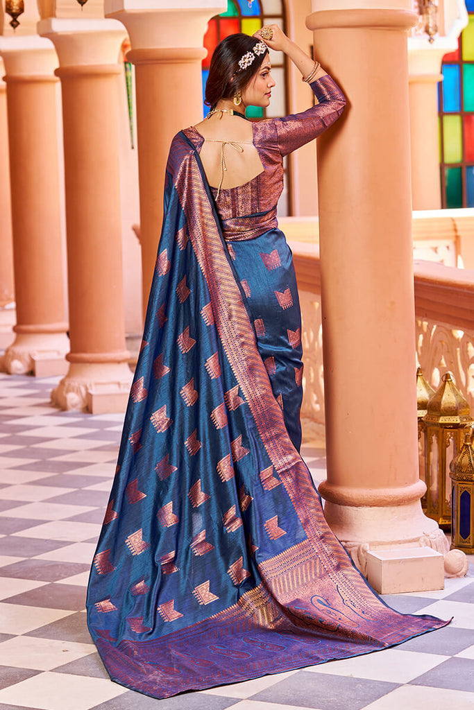 Classic Navy Blue Soft Banarasi Silk Saree With Designer Blouse Piece Bvipul