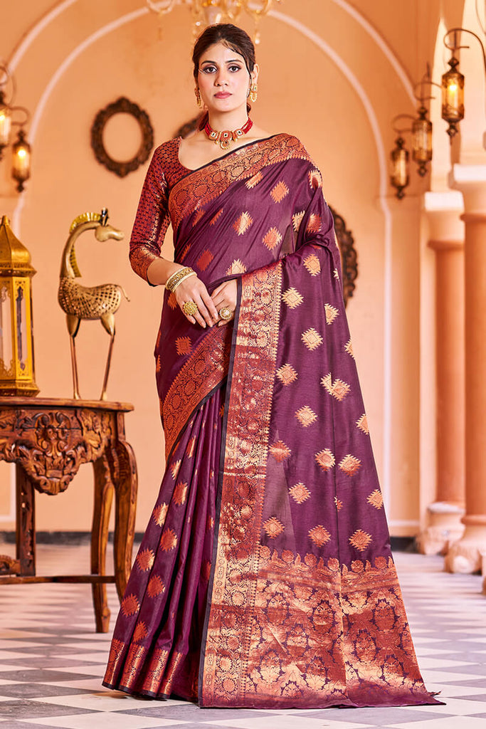 Diya' Deep Purple Pure Katan Silk Banarasi Handloom Saree - Tilfi