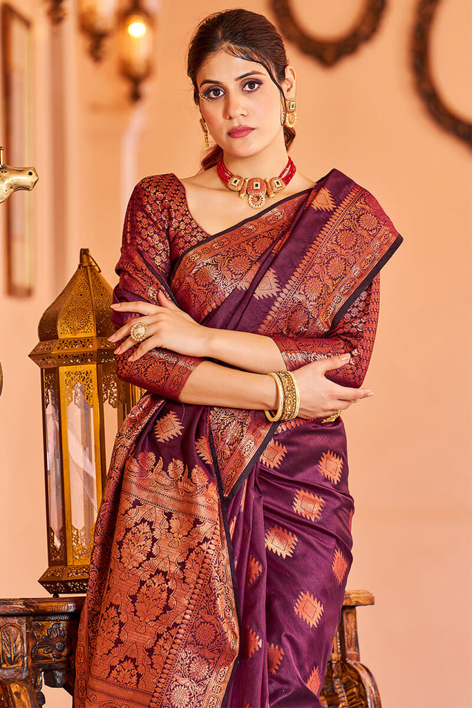 Glorious Purple Soft Banarasi Silk Saree With Glowing Blouse Piece Bvipul