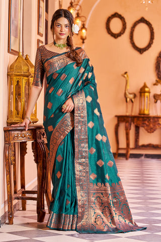 Twirling Rama Soft Banarasi Silk Saree With Entrancing Blouse Piece Bvipul