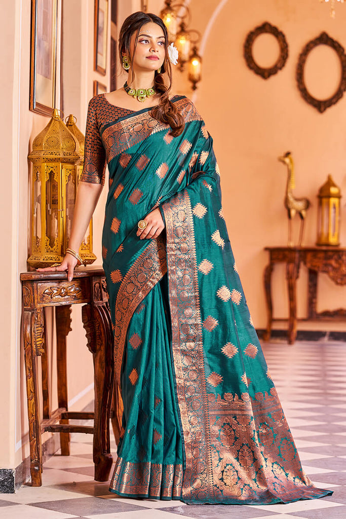 Twirling Rama Soft Banarasi Silk Saree With Entrancing Blouse Piece Bvipul