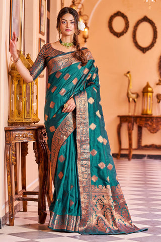 Twirling Rama Soft Banarasi Silk Saree With Entrancing Blouse Piece Bvipul