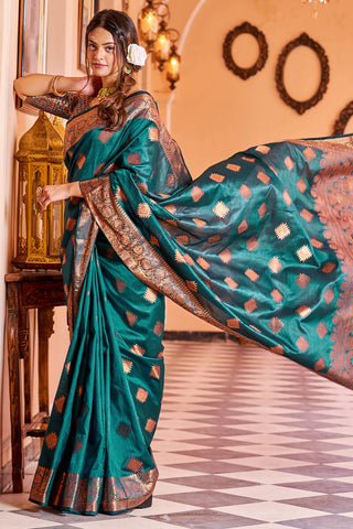 Twirling Rama Soft Banarasi Silk Saree With Entrancing Blouse Piece Bvipul