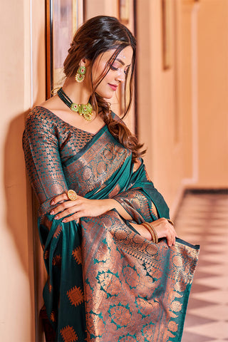 Twirling Rama Soft Banarasi Silk Saree With Entrancing Blouse Piece Bvipul