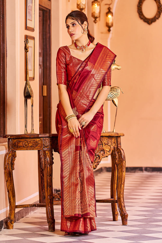 Majesty Red Soft Banarasi Silk Saree With Opulent Blouse Pie