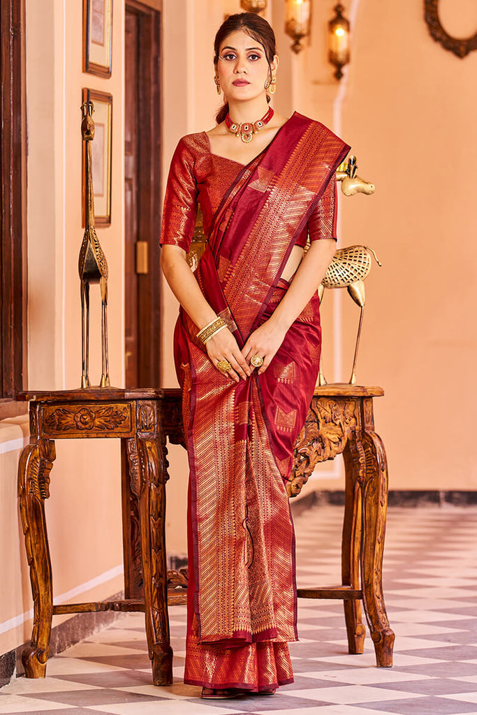 Majesty Red Soft Banarasi Silk Saree With Opulent Blouse Piece Bvipul