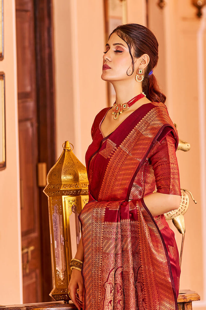 Majesty Red Soft Banarasi Silk Saree With Opulent Blouse Piece Bvipul