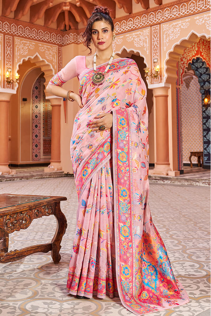Jazzy Baby Pink Linen Silk Saree With Prettiest Blouse Piece Bvipul