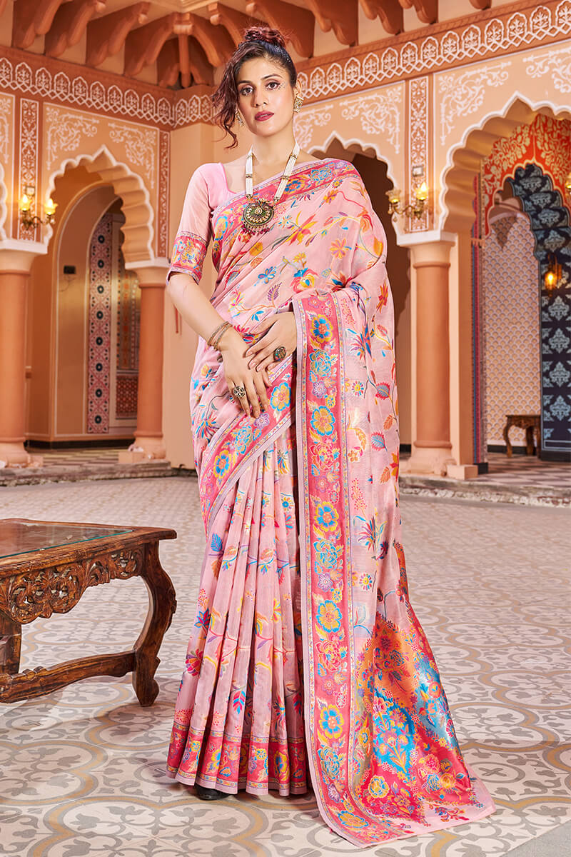 Jazzy Baby Pink Linen Silk Saree With Prettiest Blouse Piece Bvipul