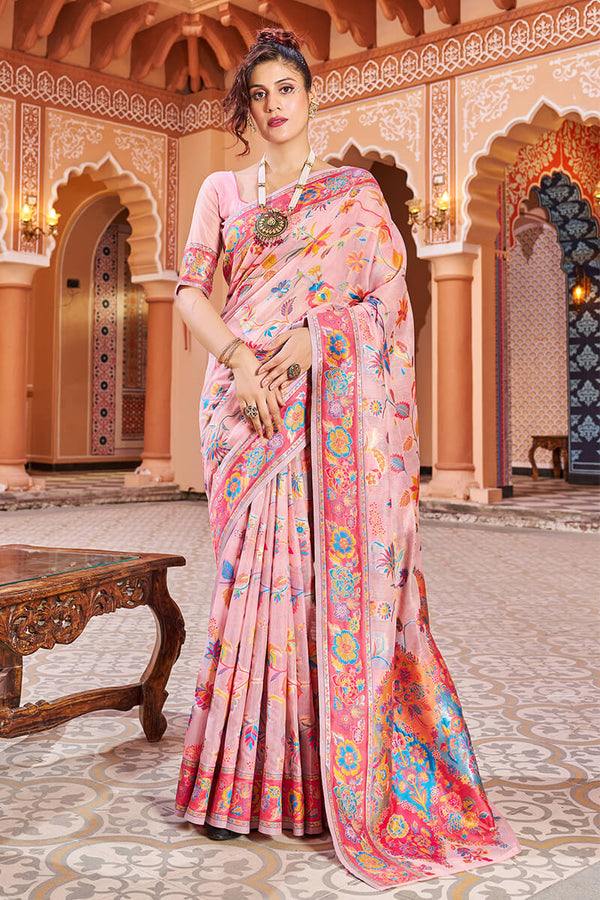 Jazzy Baby Pink Linen Silk Saree With Prettiest Blouse Piece Bvipul