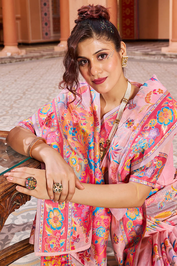 Jazzy Baby Pink Linen Silk Saree With Prettiest Blouse Piece Bvipul