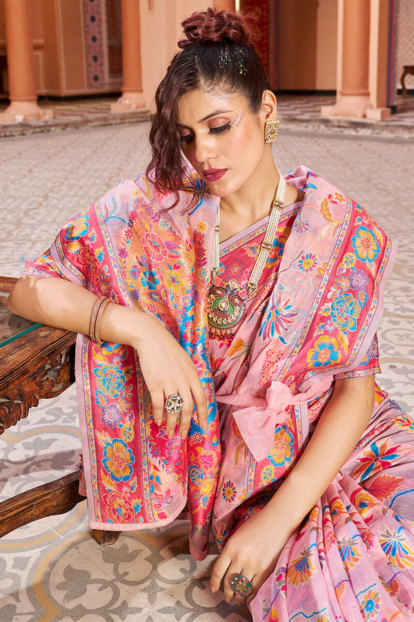 Jazzy Baby Pink Linen Silk Saree With Prettiest Blouse Piece Bvipul