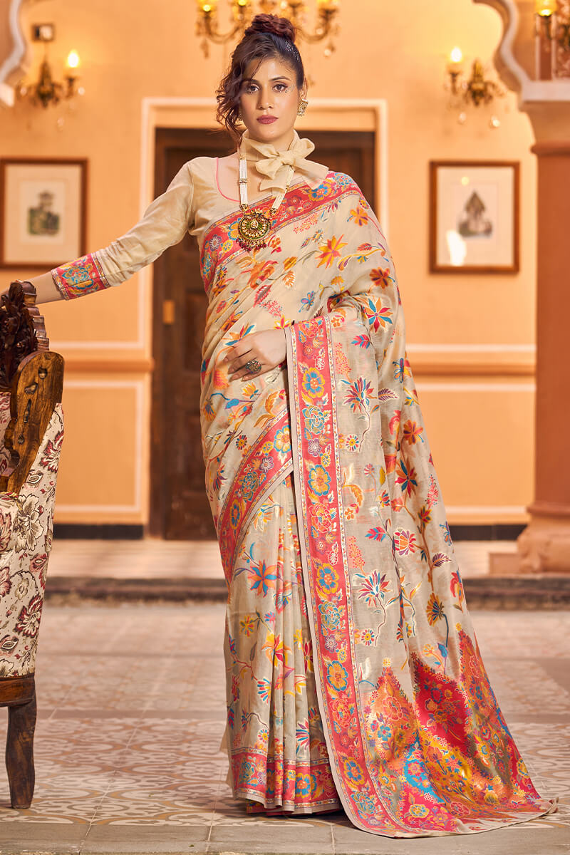 Elegant Beige Linen Silk Saree With Surpassing Blouse Piece Bvipul Main image