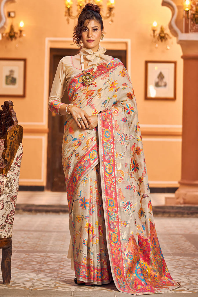 Elegant Beige Linen Silk Saree With Surpassing Blouse Piece Bvipul