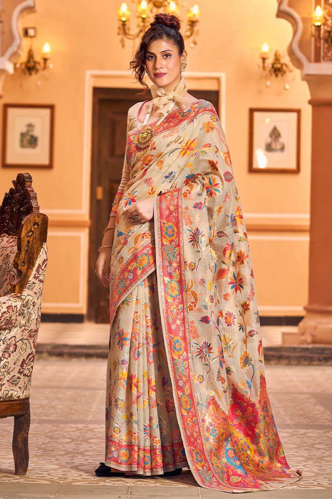 Elegant Beige Linen Silk Saree With Surpassing Blouse Piece Bvipul