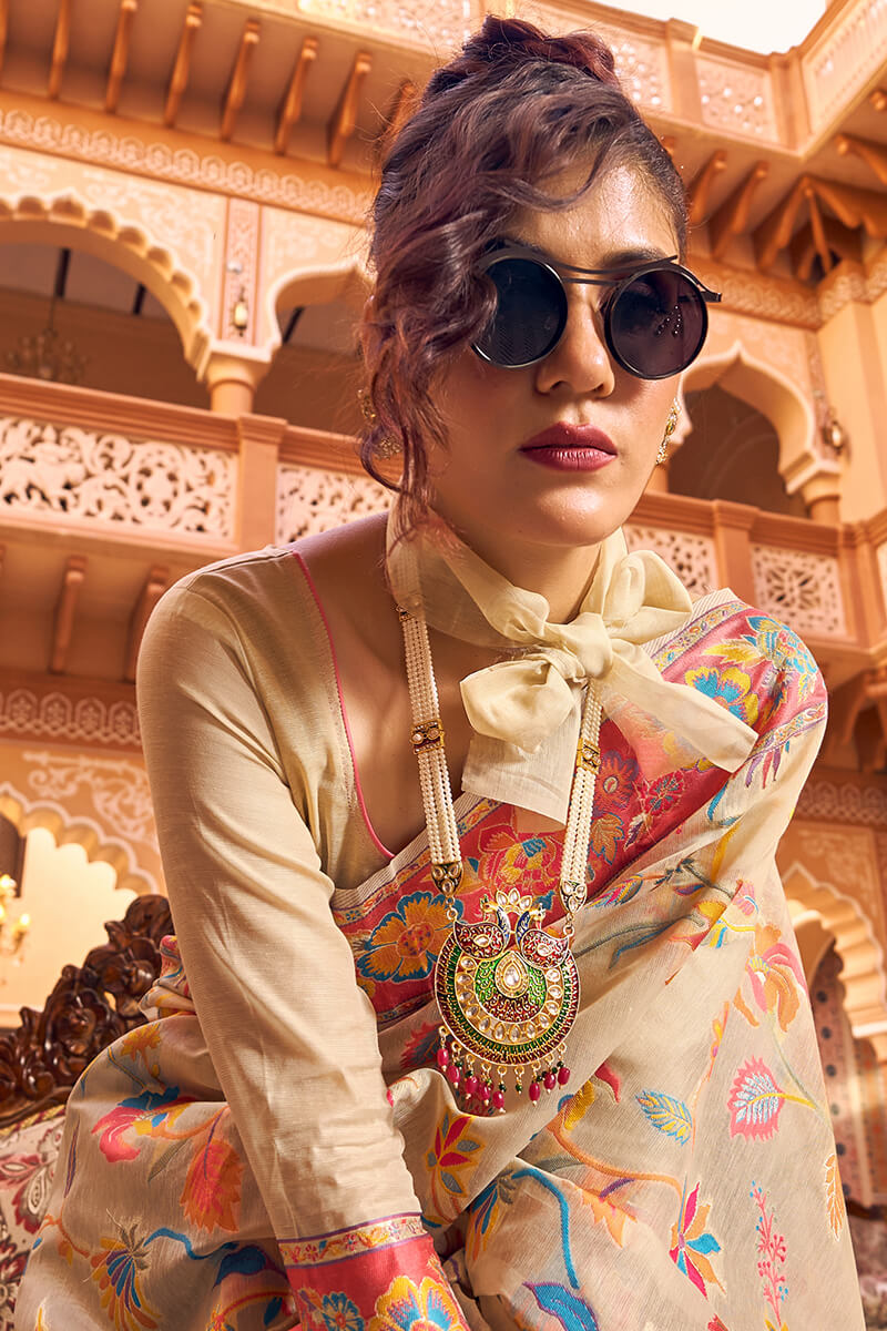 Elegant Beige Linen Silk Saree With Surpassing Blouse Piece Bvipul